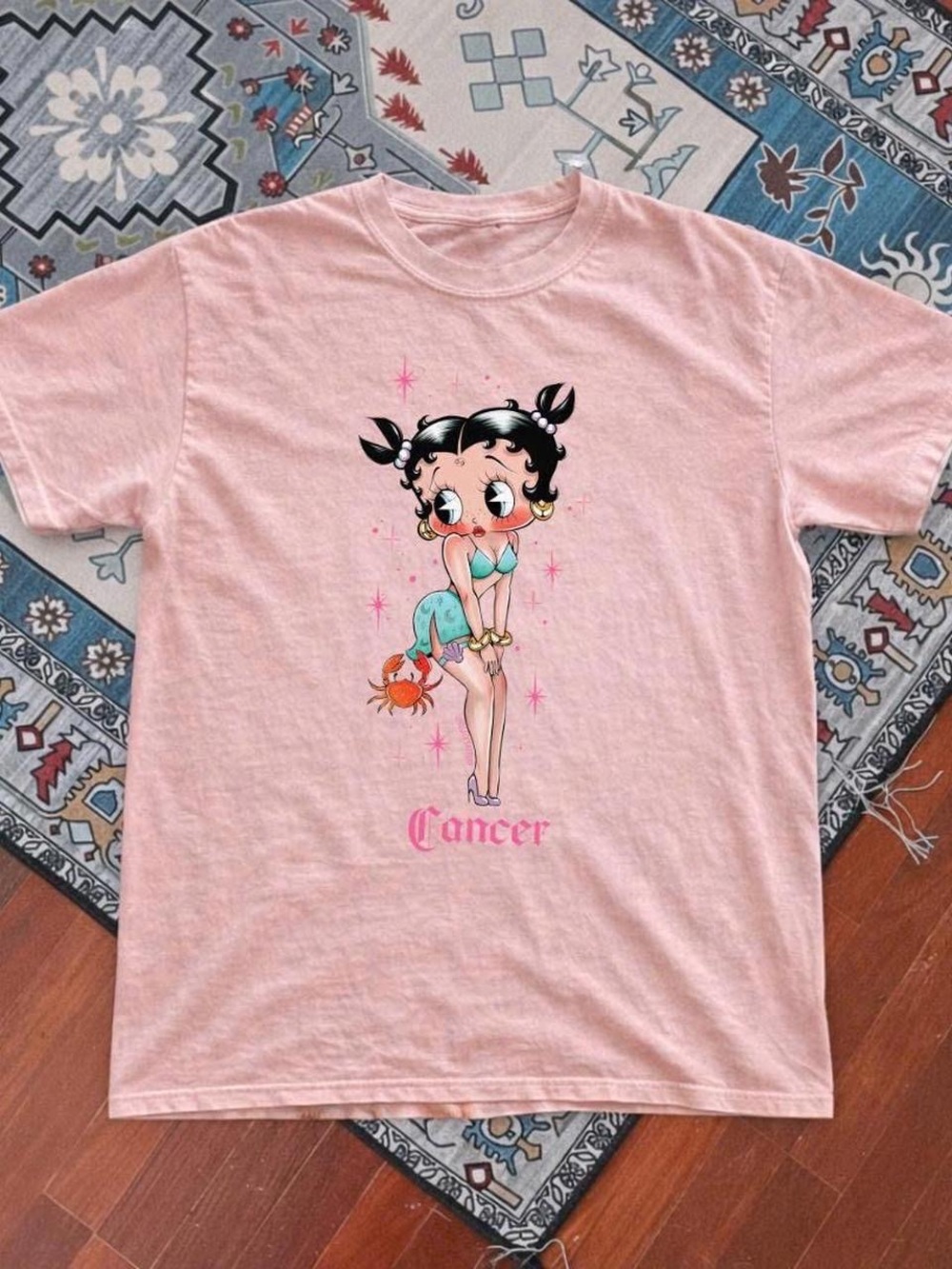 Gildan Pink Betty Boop Style Cancer Zodiac Graphic Tee